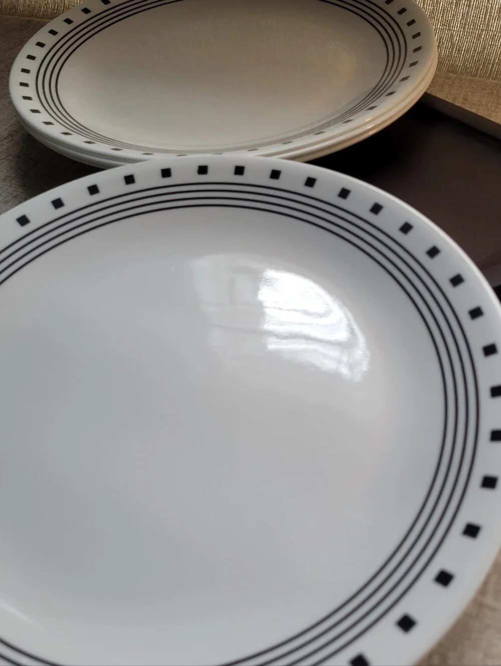Corelle City Block White Ceramic Dinner Plate with Black Geometric Rim